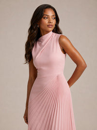 Pink high neck pleated chiffon midi dress with fitted waist