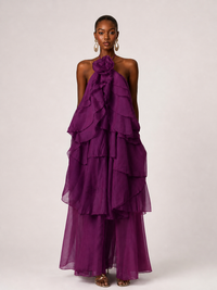 Orange Chiffon Halter Ruffle Maxi Dress with 3D Flower