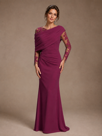 Dusty Rose Illusion Long Sleeve Chiffon Applique Mother of The Bride Dress