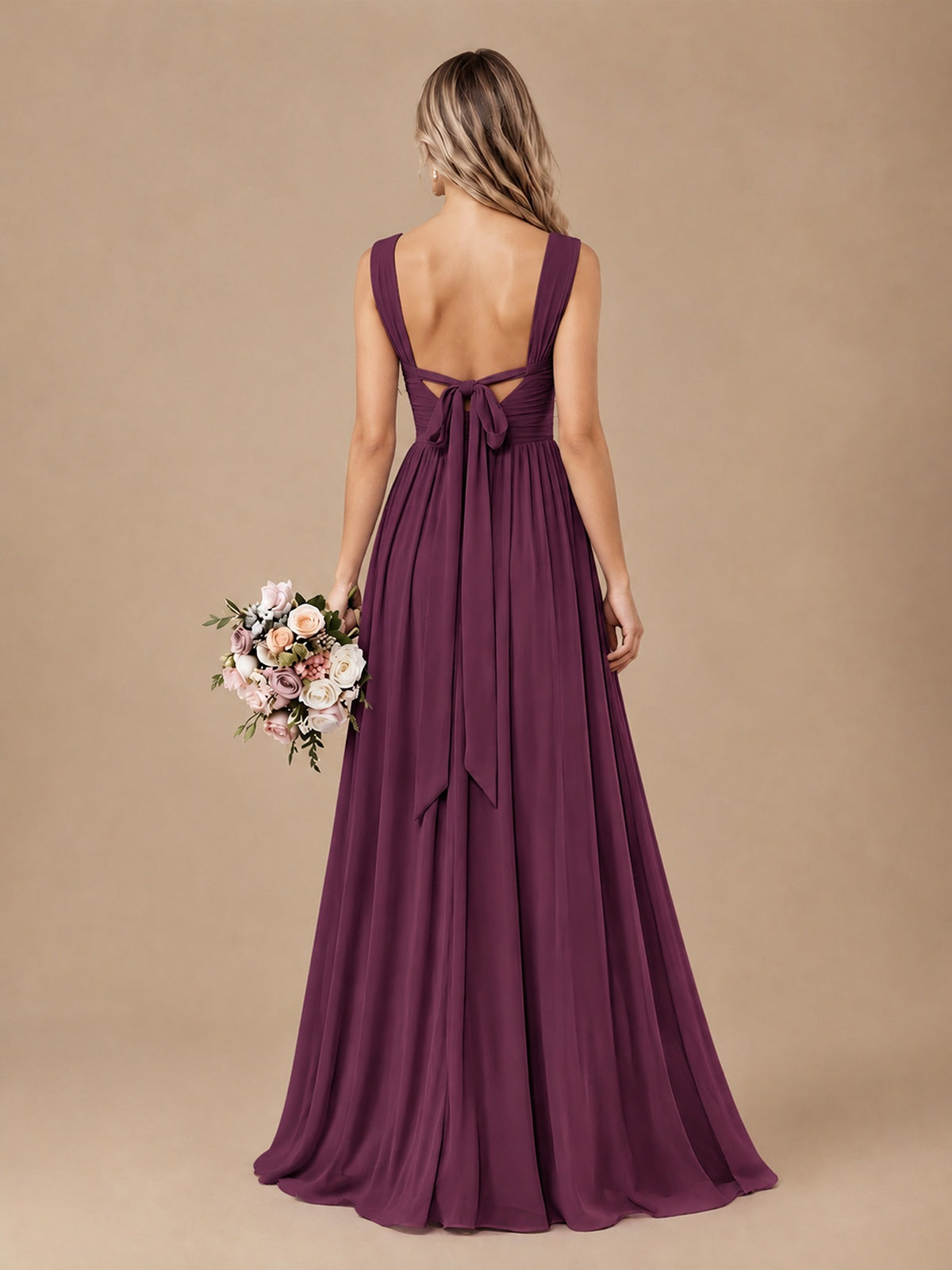 Pleated Chiffon V Neck Wedding Bridesmaid Dresses Floor Length with Slit