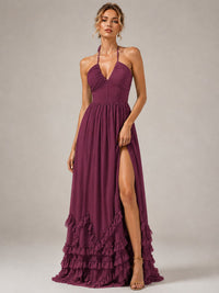 Halter V Neck Chiffon Formal Dress with Lace-Up Back and Ruffle Hem