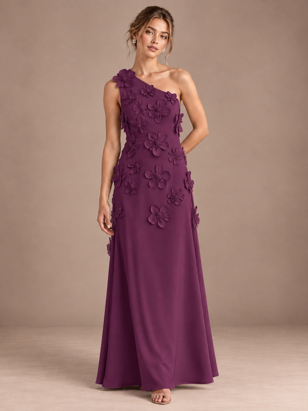 Plum- One Shoulder Satin Formal Maxi Dress with 3D Floral