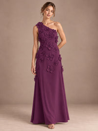 Plum- One Shoulder Satin Formal Maxi Dress with 3D Floral