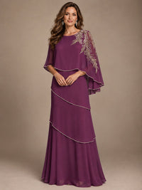 Elegant Chiffon Cape Sleeve Beaded Mother of the Bride Dress