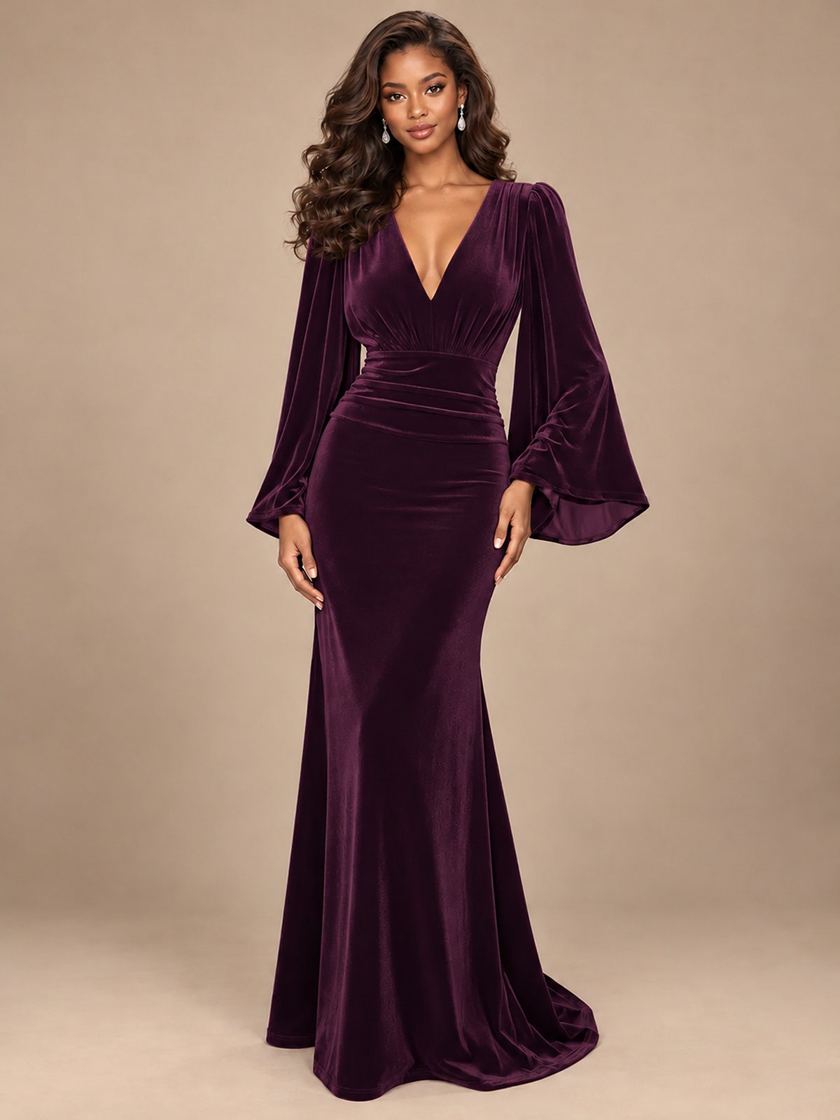 Burgundy Velvet Deep V-Neck Ruched Long Sleeve Maxi Dress