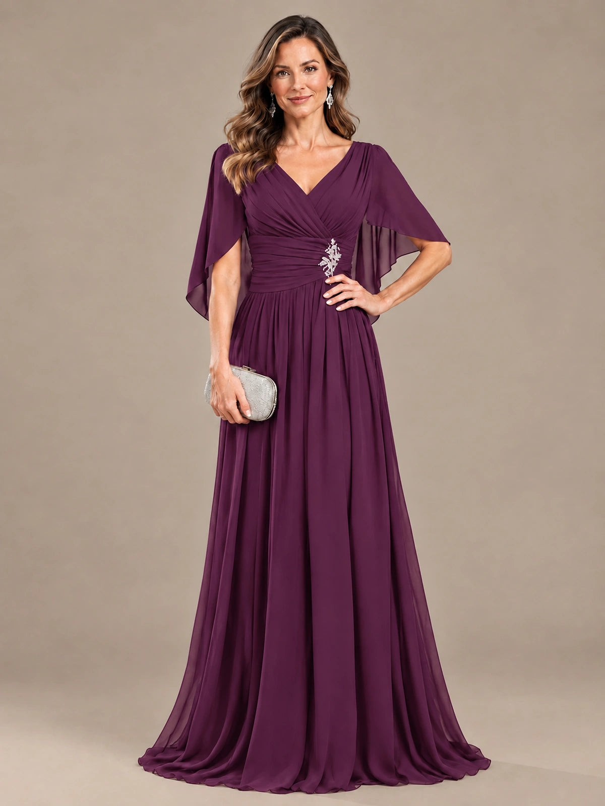 Ruched V Neck Mother of The Bride Dresses with Shawls Appliques and Cap Sleeves
