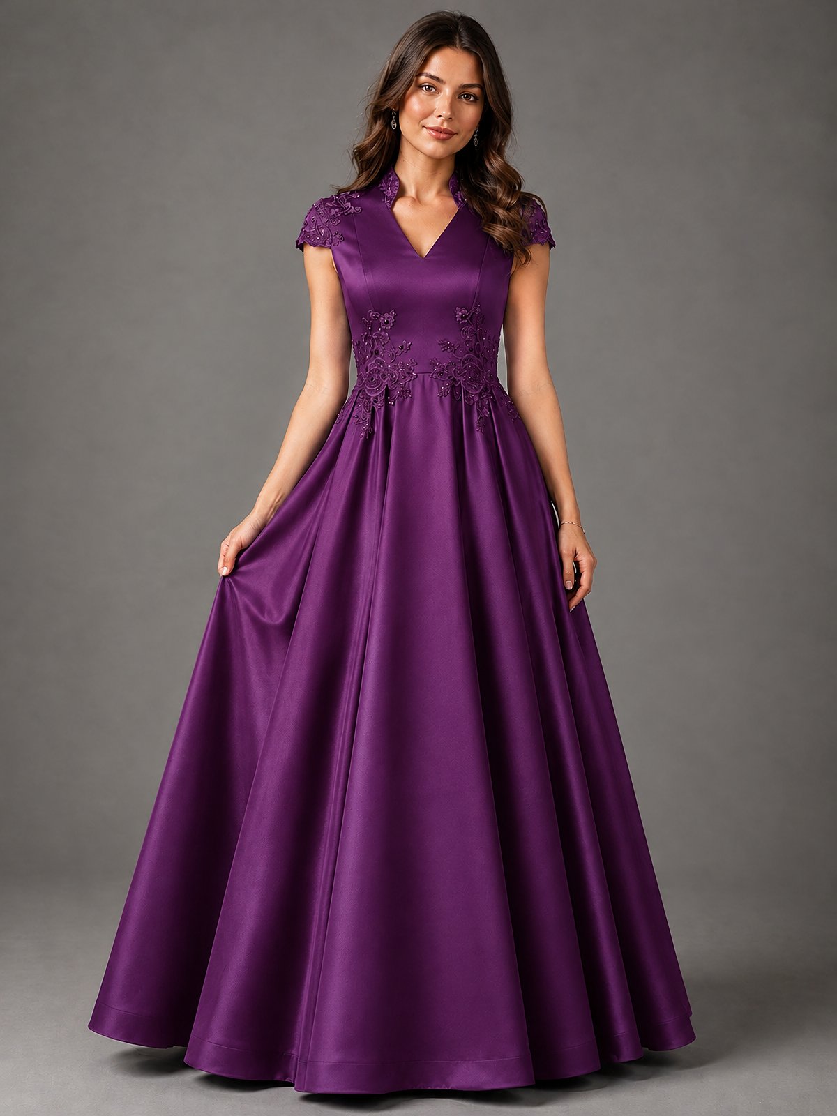 Lace Appliqué A-Line Satin Maxi Dress