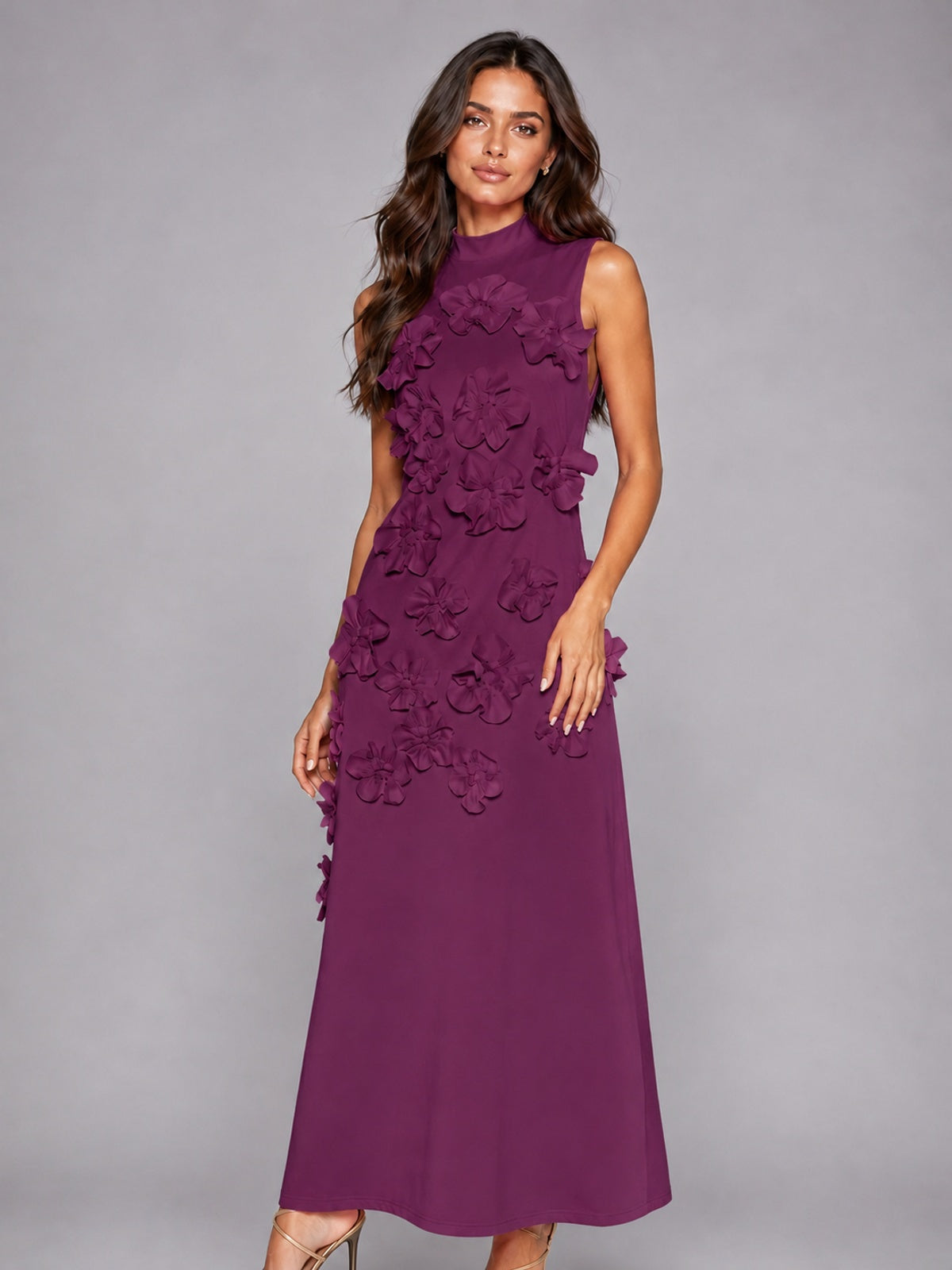 3D Floral Applique High Neck Prom Maxi Dress