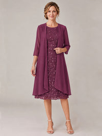 Plum-2 Piece Lace Appliques Chiffon Mother of The Bride Dress with Sequin