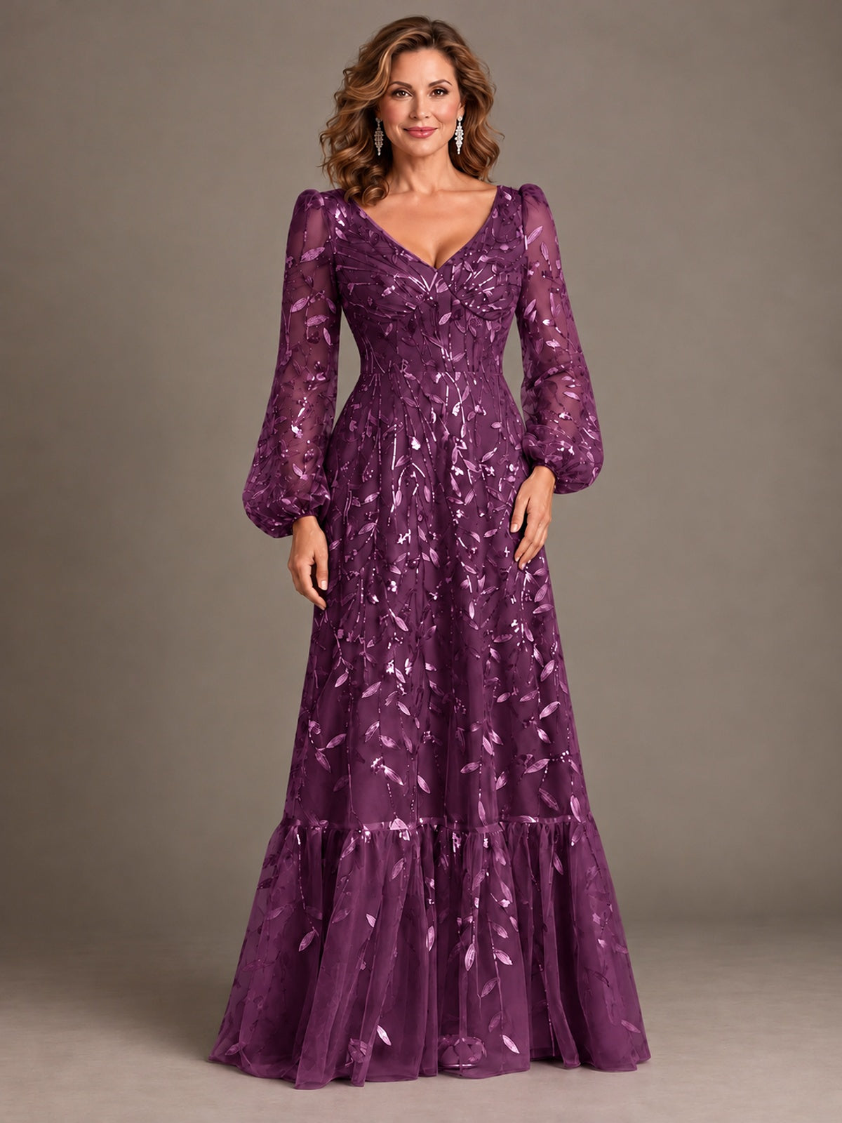 Floral Sequin Embroidered A-Line Mother of the Bride Dress with Long Sleeves