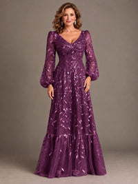 Floral Sequin Embroidered A-Line Mother of the Bride Dress with Long Sleeves