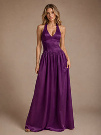 Pink V Neck Halter Satin Maxi Dress