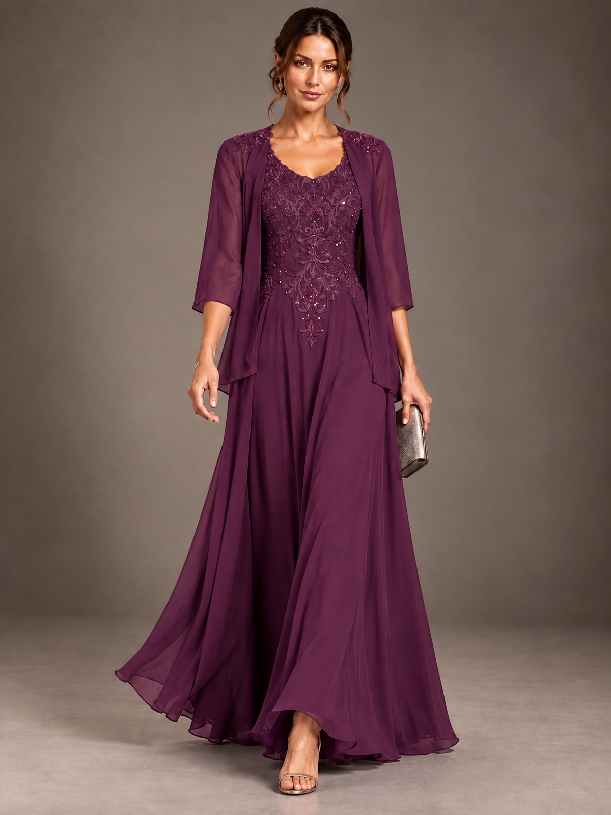 A-line 2 Pieces Chiffon Appliques Mother of The Bride Dresses with Jackets