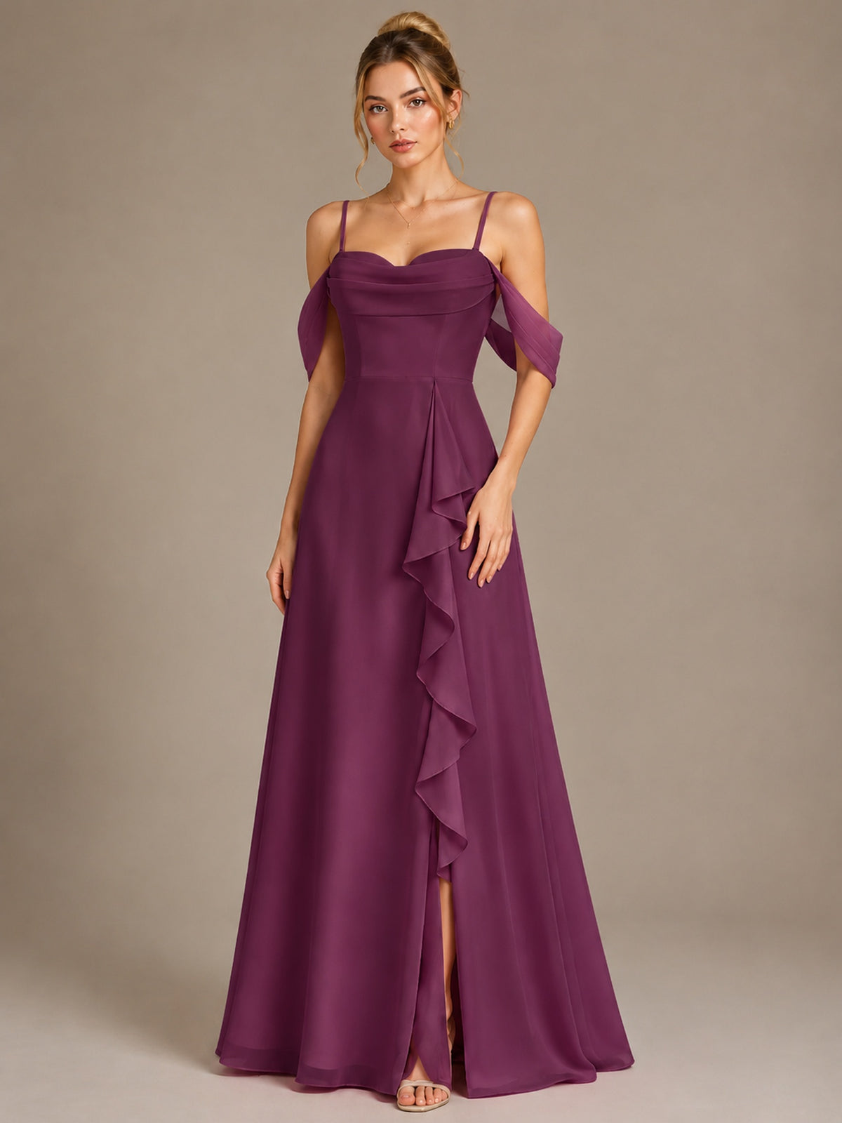 Spaghetti Strap Chiffon Bridesmaid Dress with Ruffles Slit