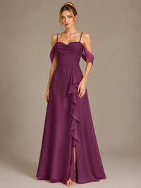 Spaghetti Strap Chiffon Bridesmaid Dress with Ruffles Slit