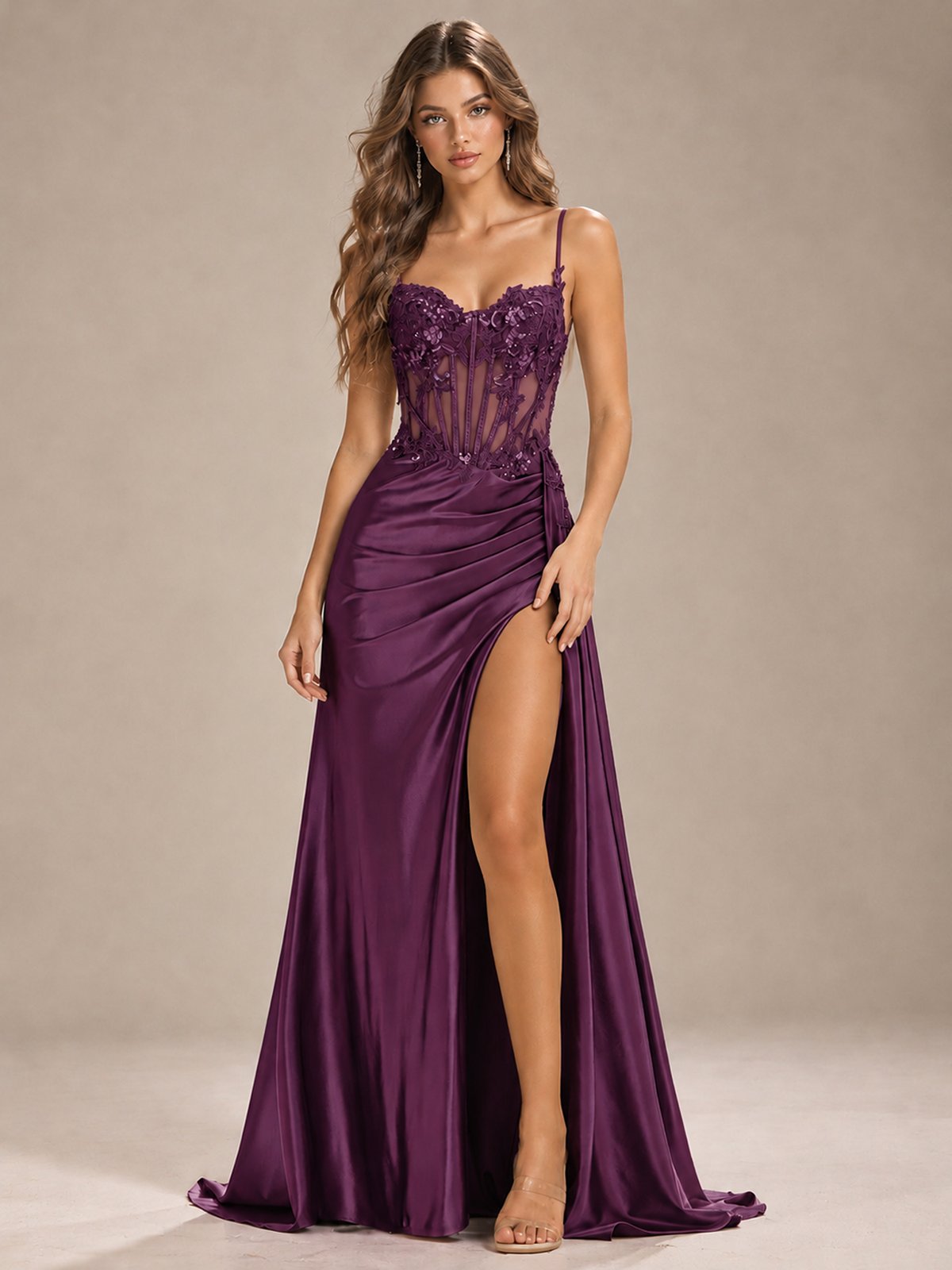 Mermaid Satin Prom Dress with Floral Appliqué Corset and High Slit