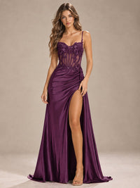 Mermaid Satin Prom Dress with Floral Appliqué Corset and High Slit