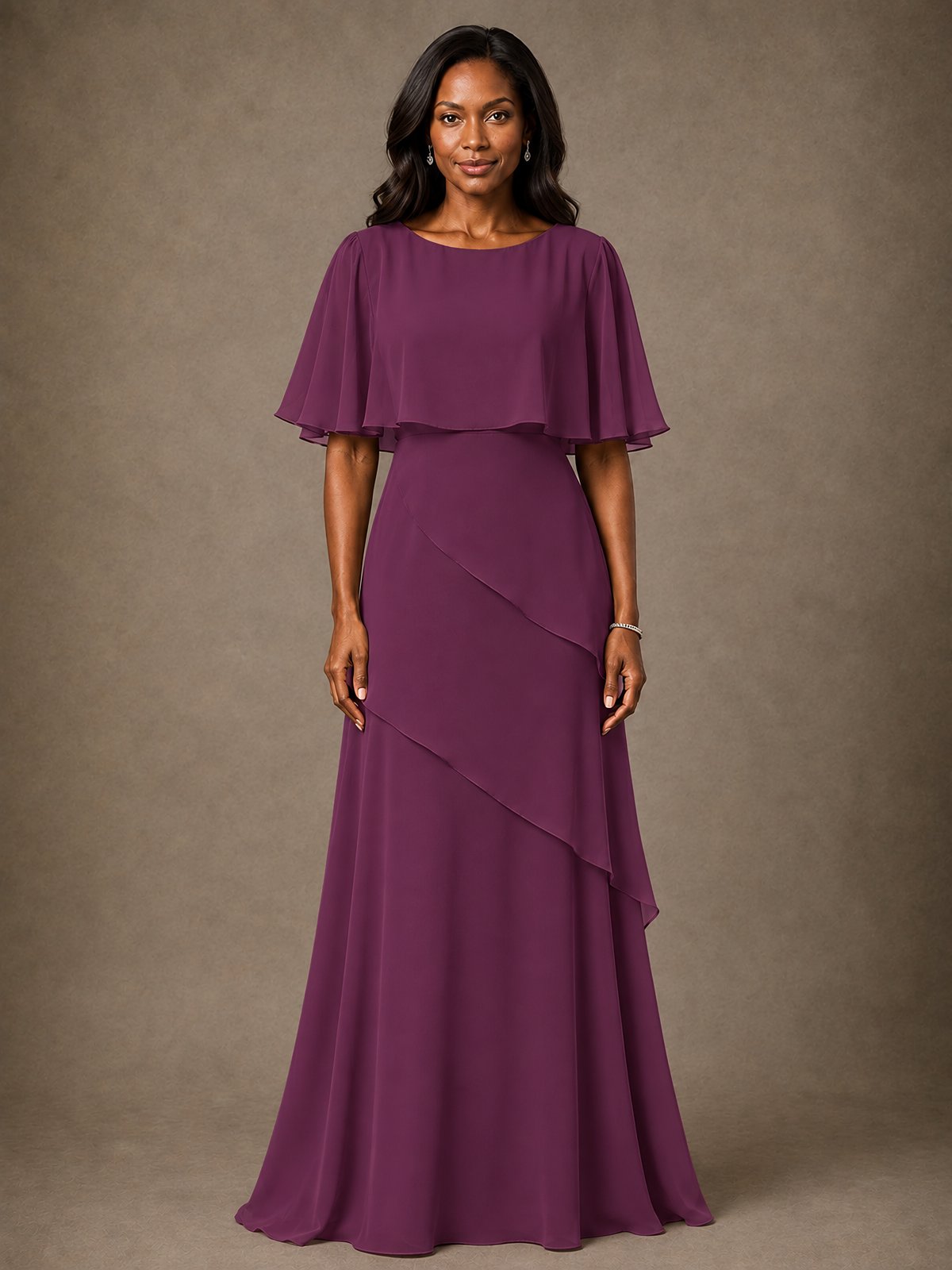 Taupe Chiffon A-Line Mother of the Bride Dress with Cape Sleeves