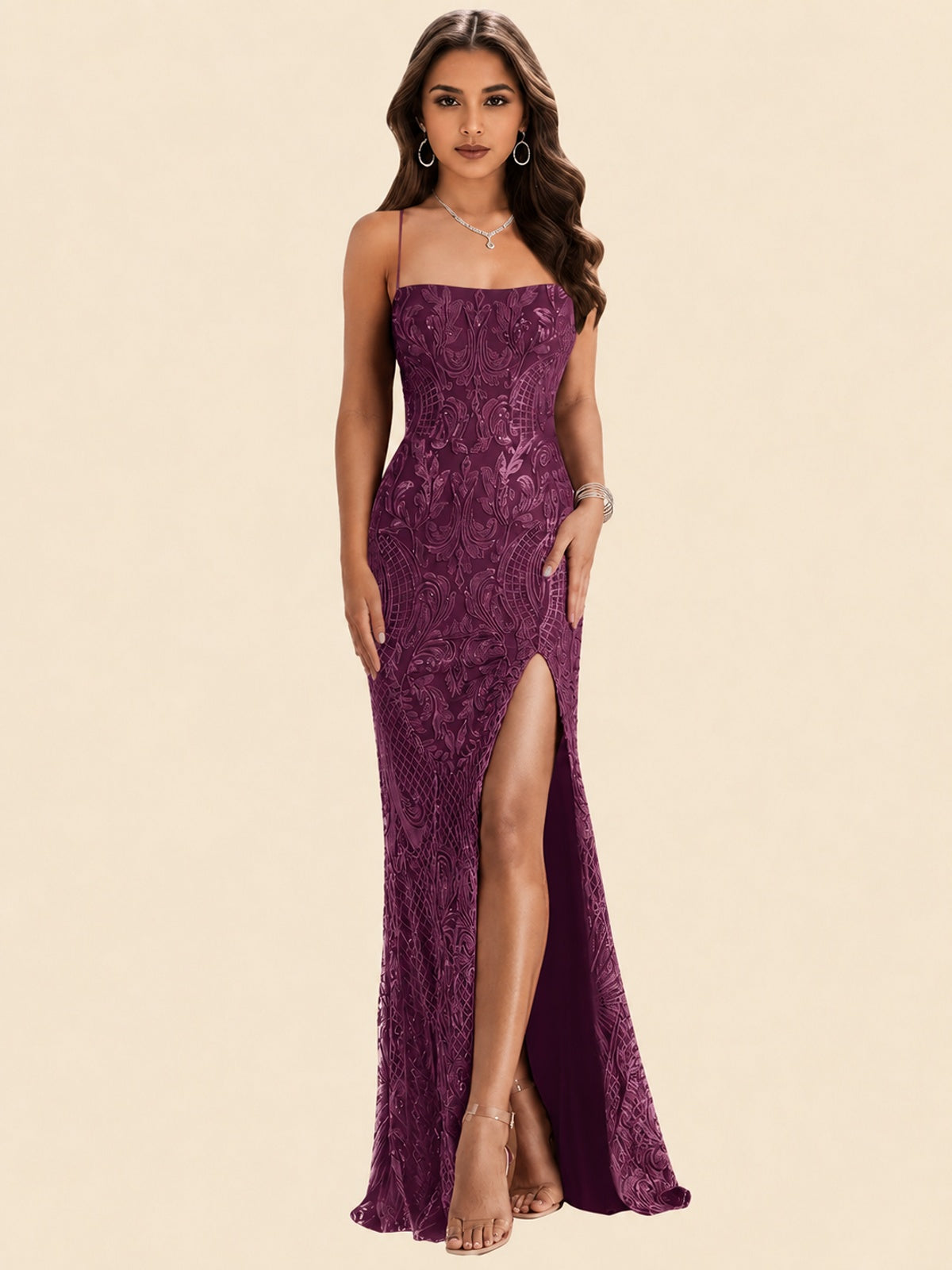 Sequin Lace Appliques Mermaid Prom Dress Spaghetti Strap Formal Gowns with Slit