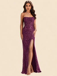 Sequin Lace Appliques Mermaid Prom Dress Spaghetti Strap Formal Gowns with Slit
