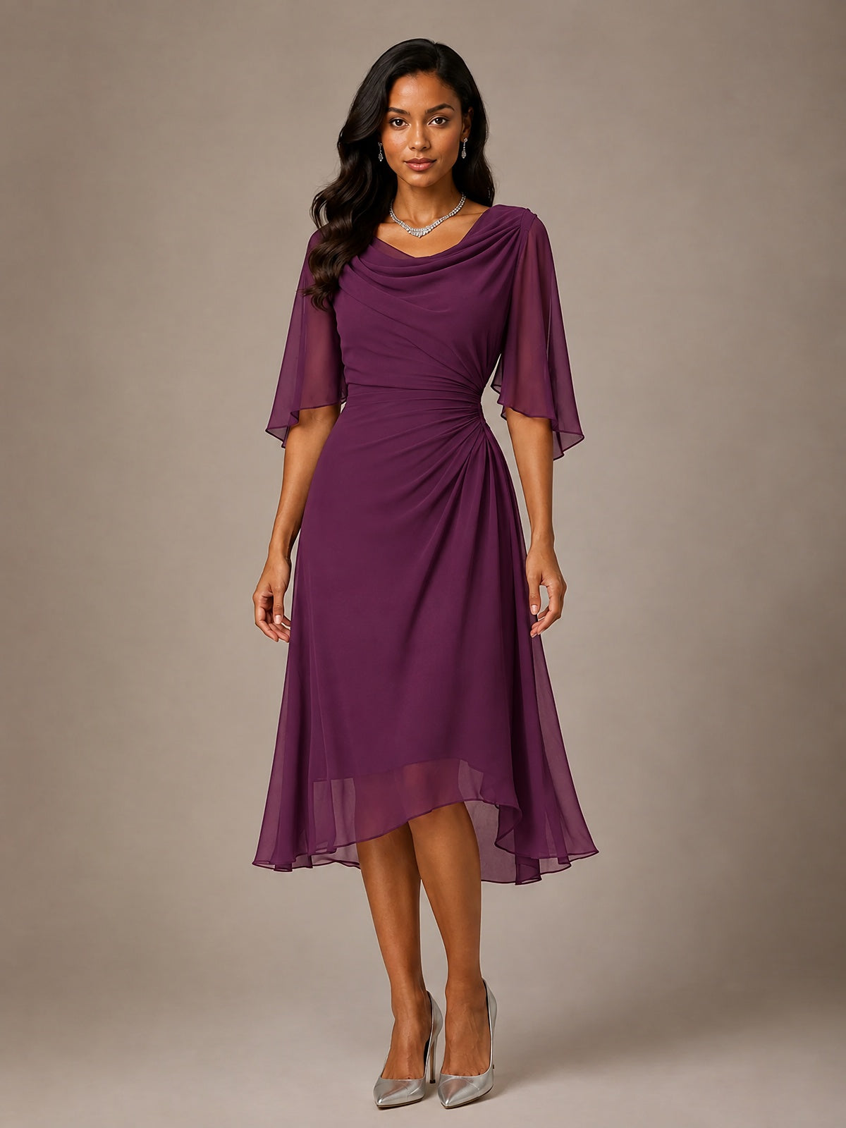 Cowl Neck Ruched Chiffon Mother of the Bride Dresses with Flutter Sleeves
