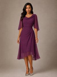 Cowl Neck Ruched Chiffon Mother of the Bride Dresses with Flutter Sleeves