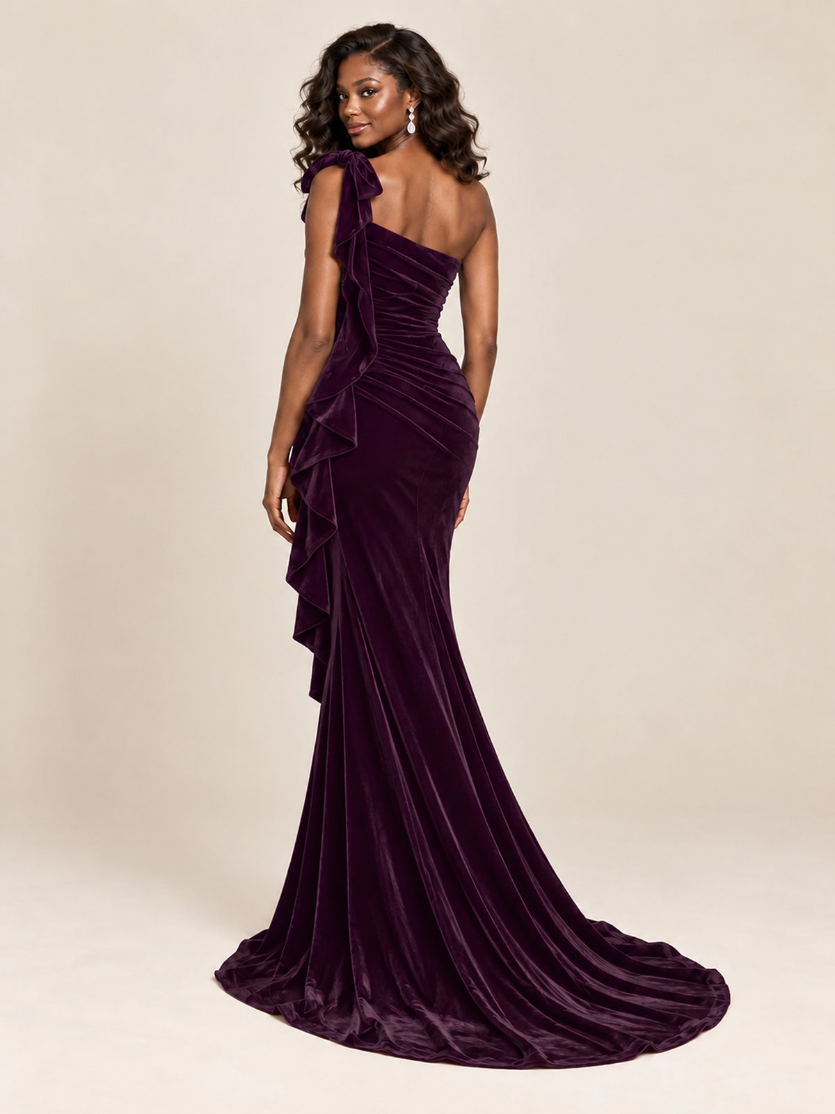Black Velvet One-Shoulder Mermaid Evening Gown with Bow & Ruffles