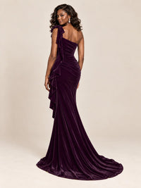 Black Velvet One-Shoulder Mermaid Evening Gown with Bow & Ruffles