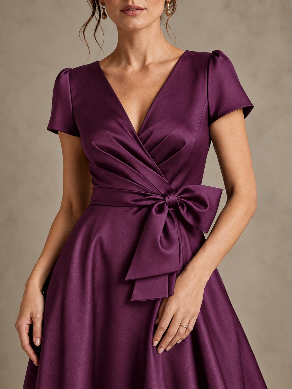 V-Neck Tea-Length Satin Mother of the Bride Dress with Bow