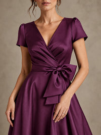 V-Neck Tea-Length Satin Mother of the Bride Dress with Bow