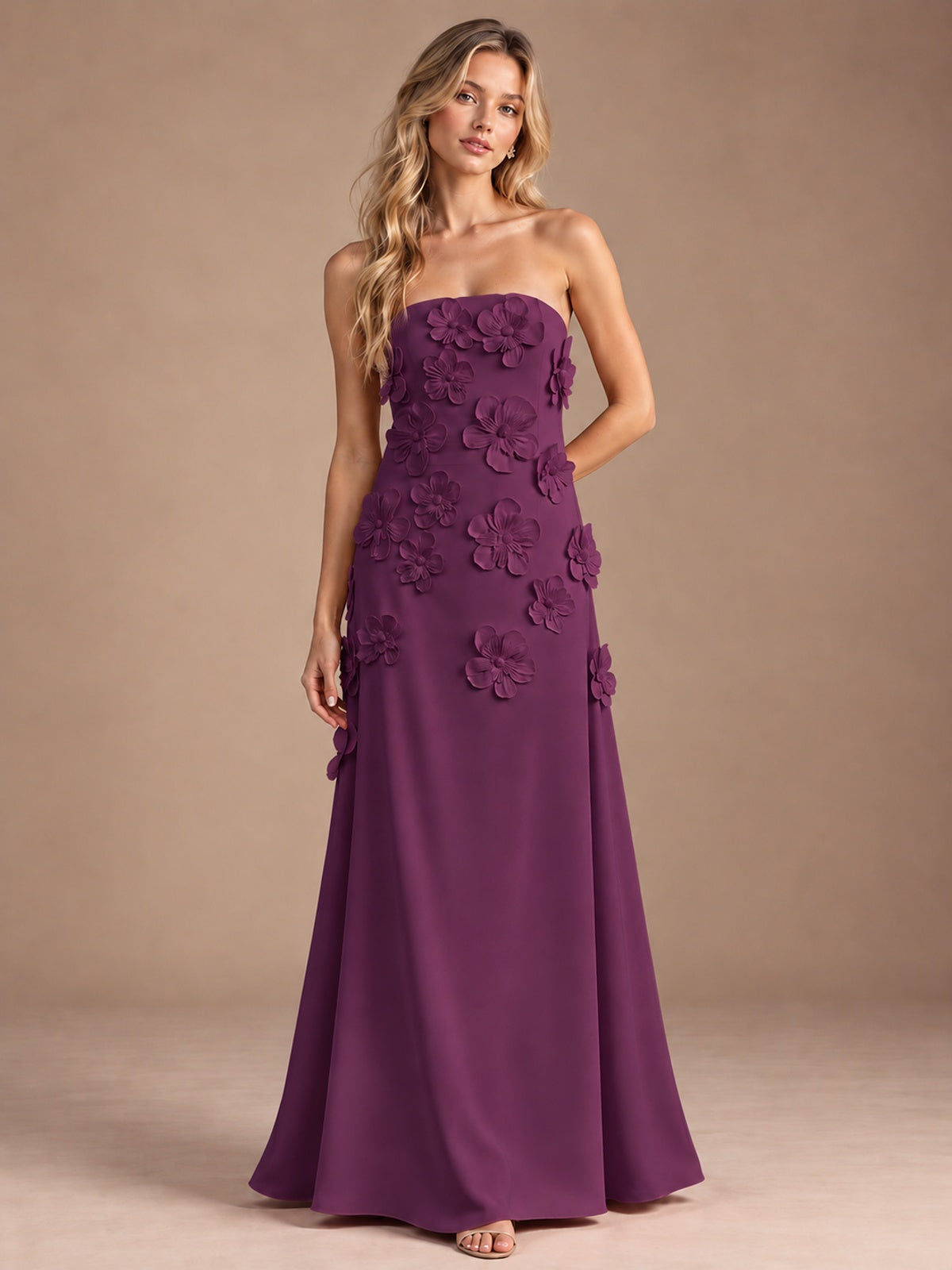 Plum-Strapless 3D Floral A-line Satin Prom Maxi Dress Formal Evening Gown