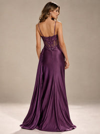 Mermaid Satin Prom Dress with Floral Appliqué Corset and High Slit