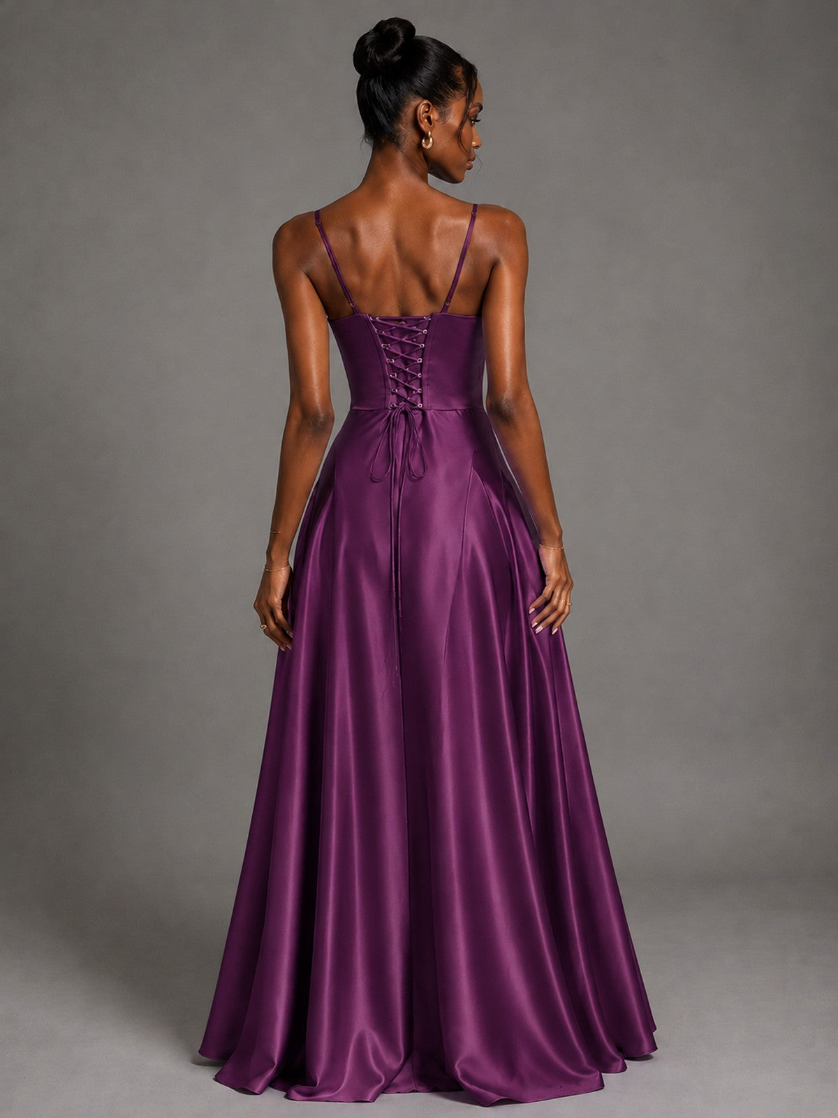 Lavender V Neck Satin Prom Dress with Spaghetti Straps