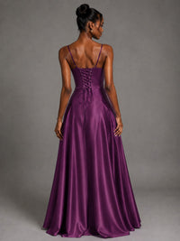 Lavender V Neck Satin Prom Dress with Spaghetti Straps