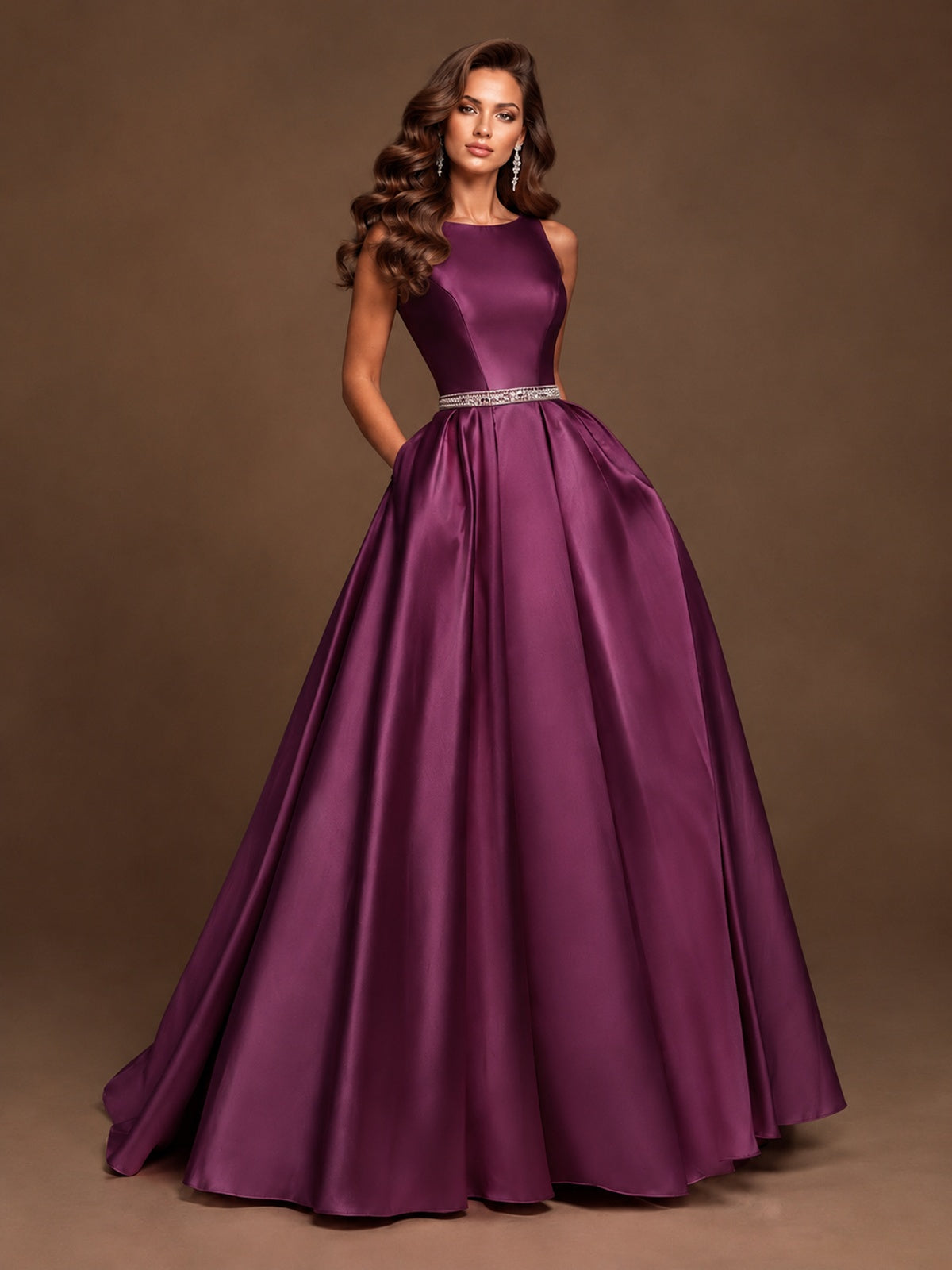 Satin A-Line Prom Dress Sleeveless Beaded Waist Formal Gown with Pockets