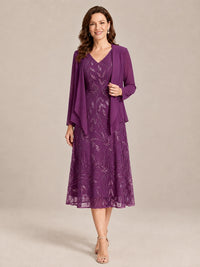 Plum-2 Piece Lace Appliques Chiffon Mother of The Bride Dress with Sequin