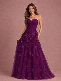Blush Pink Strapless Sweetheart 3D Floral Tulle Ball Gown Prom Dres