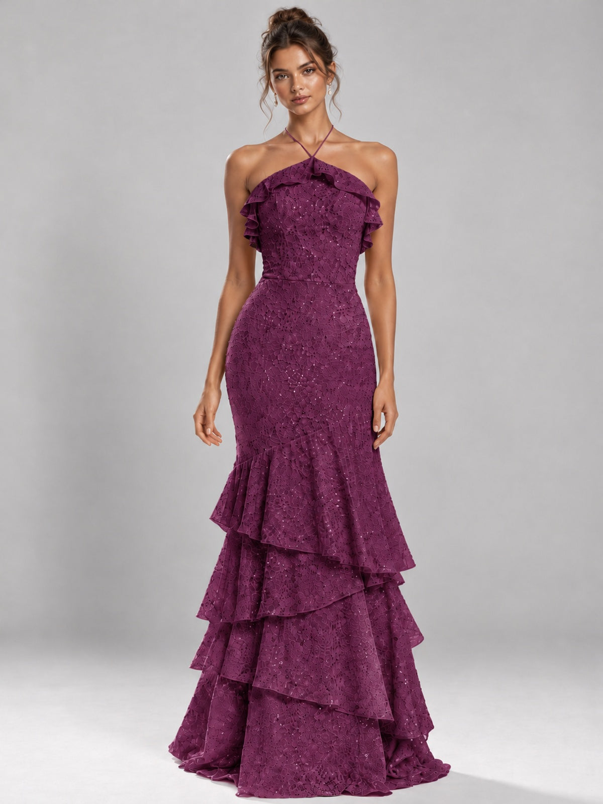 Halter Tiered Mermaid Prom Dress with Sparkly Lace