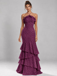 Halter Tiered Mermaid Prom Dress with Sparkly Lace