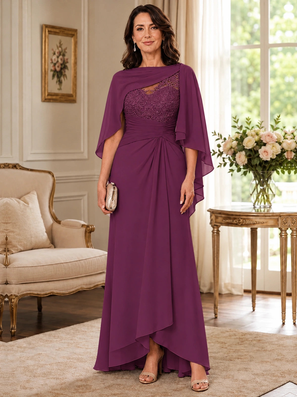 Elegant Chiffon Mother of the Bride Dress with Lace Applique and Cape Sleeves