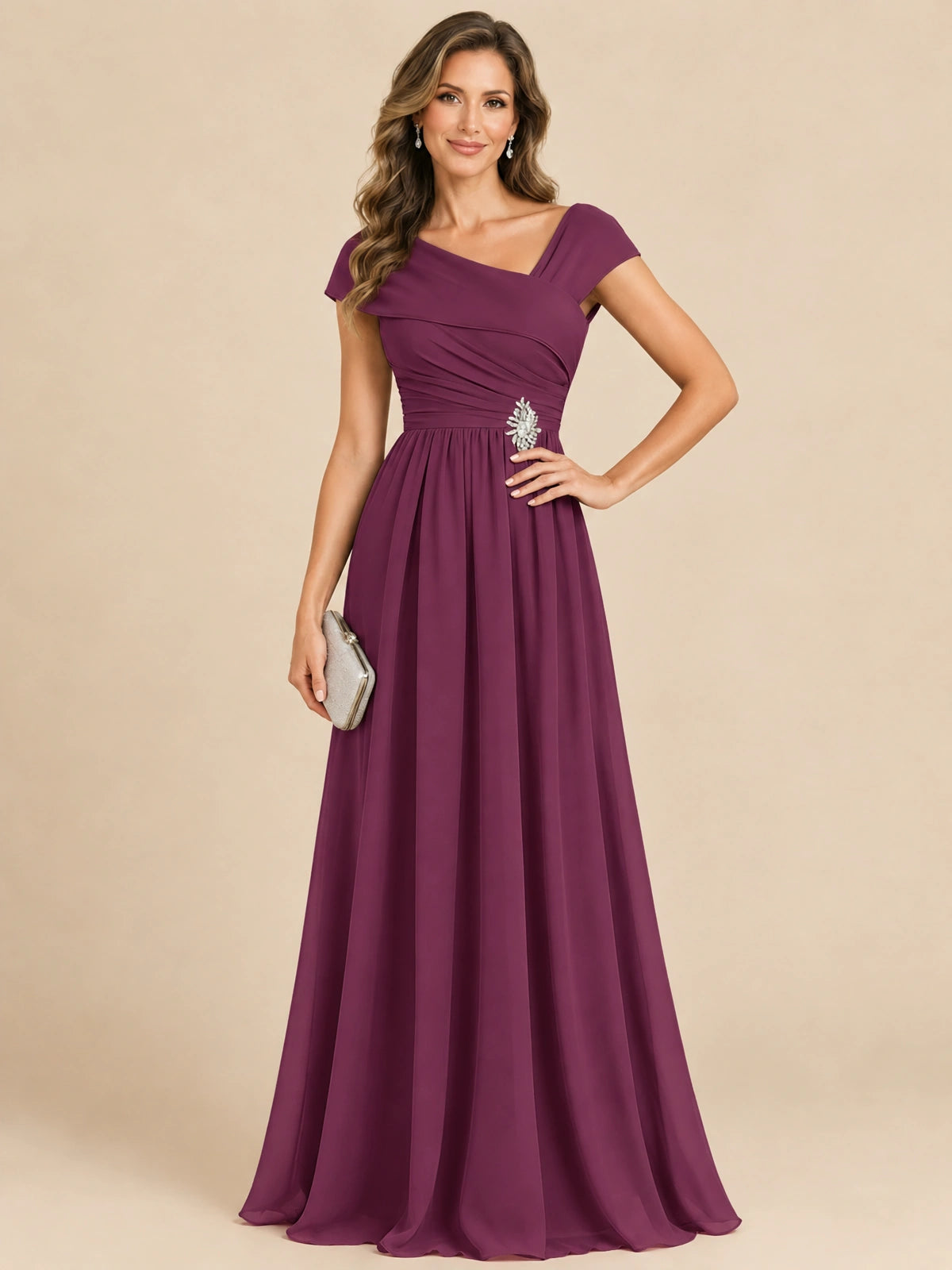 Cap Sleeve Mother of The Bride Dresses Long Chiffon Formal Gowns