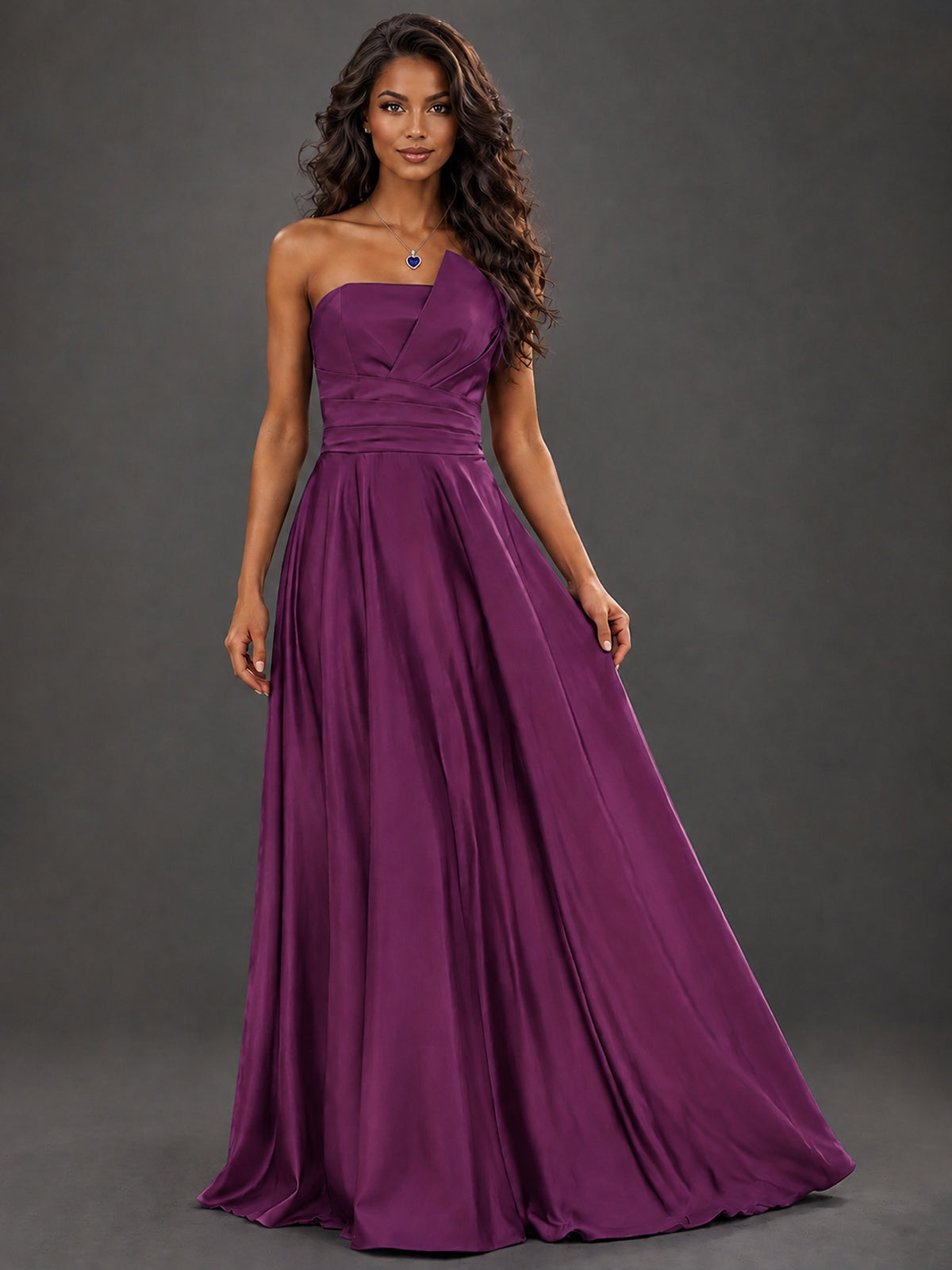 Draped Satin Prom Dress Strapless A-line Formal Dress Floor Length