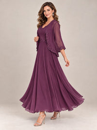 Dusty Blue Floral Lace Chiffon Mother of the Bride Dress with Jacket