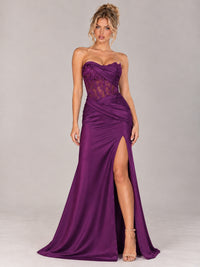Strapless Satin Prom Dress with Sheer Lace Corset & High Slit