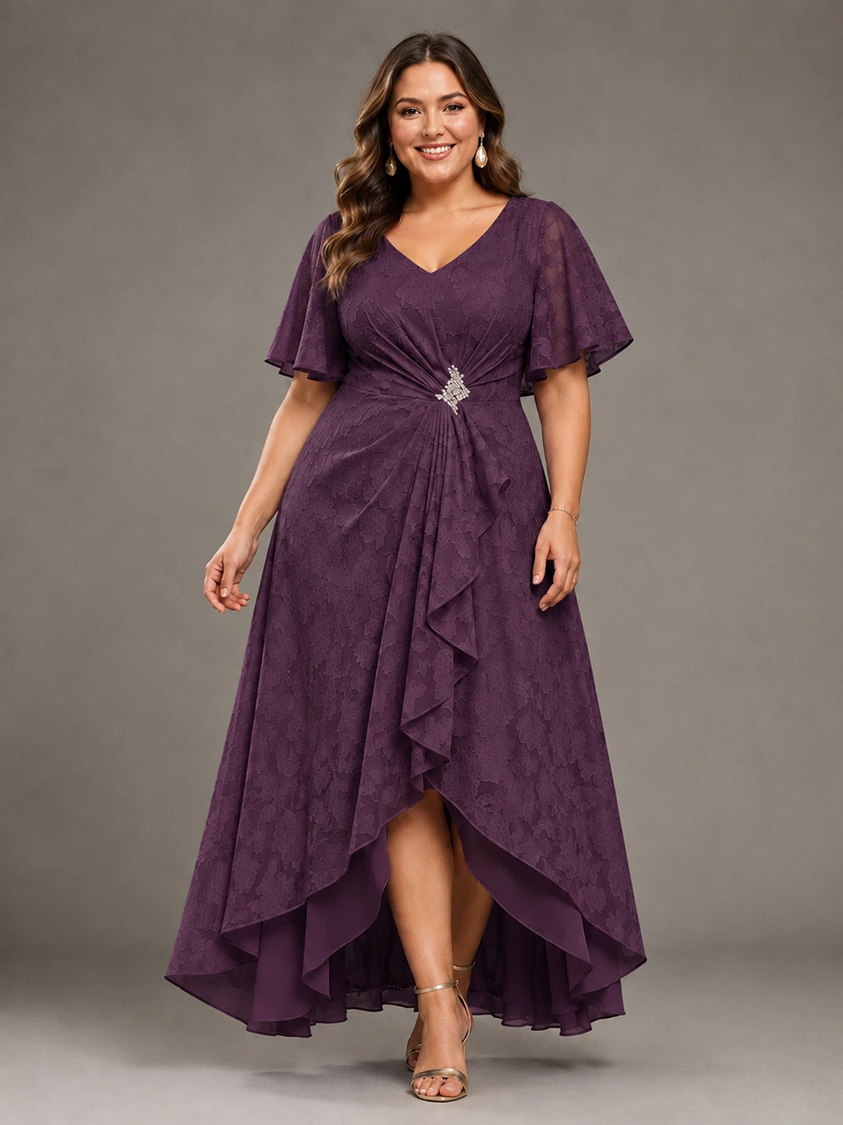 Jacquard Chiffon A-Line V-Neck High-Low Mother of the Bride Dress