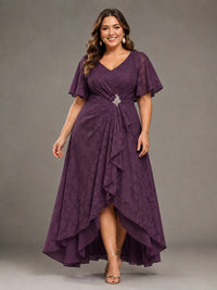 Jacquard Chiffon A-Line V-Neck High-Low Mother of the Bride Dress