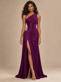 Burgundy One Shoulder Ruched Prom Dress with High Slit & Beaded Waist