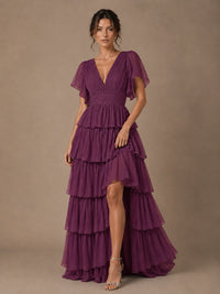 Chiffon V-Neck Tiered Ruffle Bridesmaid Dress with Slit
