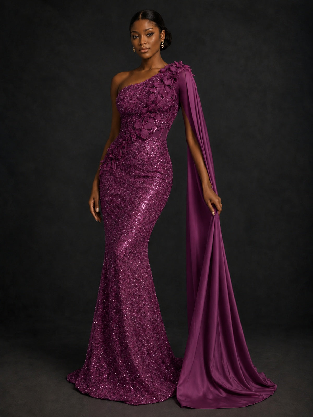 Gold Sequin One Shoulder Mermaid Prom Dress with Cape