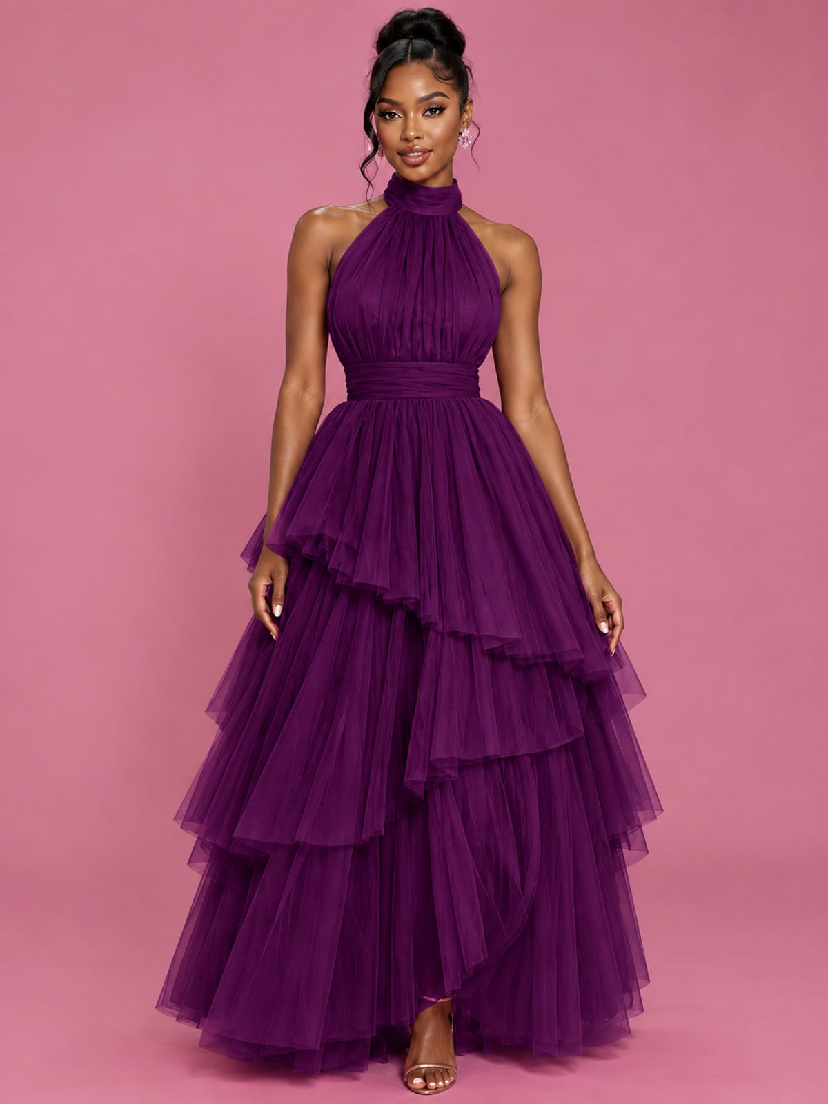 Hot Pink Tulle Halter Neck Tiered Ruffle Maxi Dress
